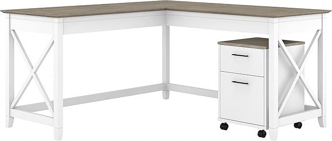 Key West 60W L Shaped Desk with 2 Drawer Mobile File Cabinet in Washed Gray