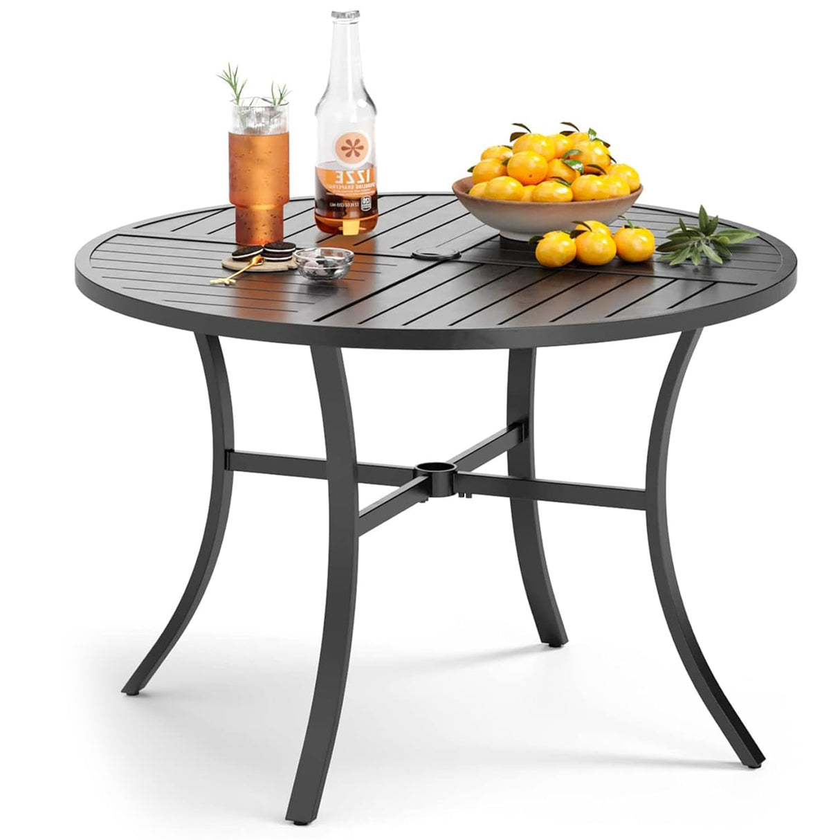 Outdoor Round Dining Table for 4, 42" Large Metal Wrought Iron Table with Umbrella Hole