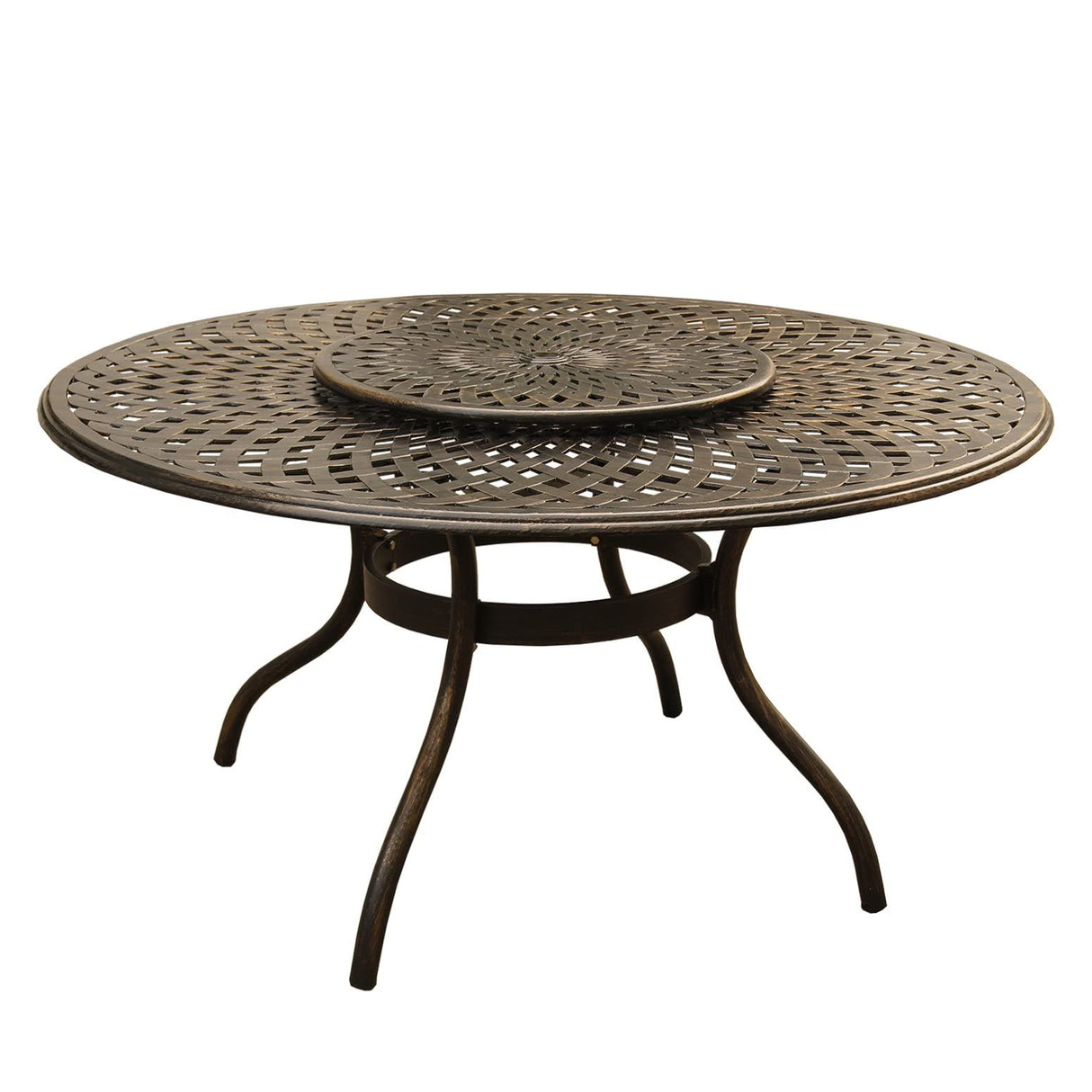 59-Inch Bronze Lazy Susan Round Patio Dining Table - Mesh Lattice Aluminum Outdoor Furniture