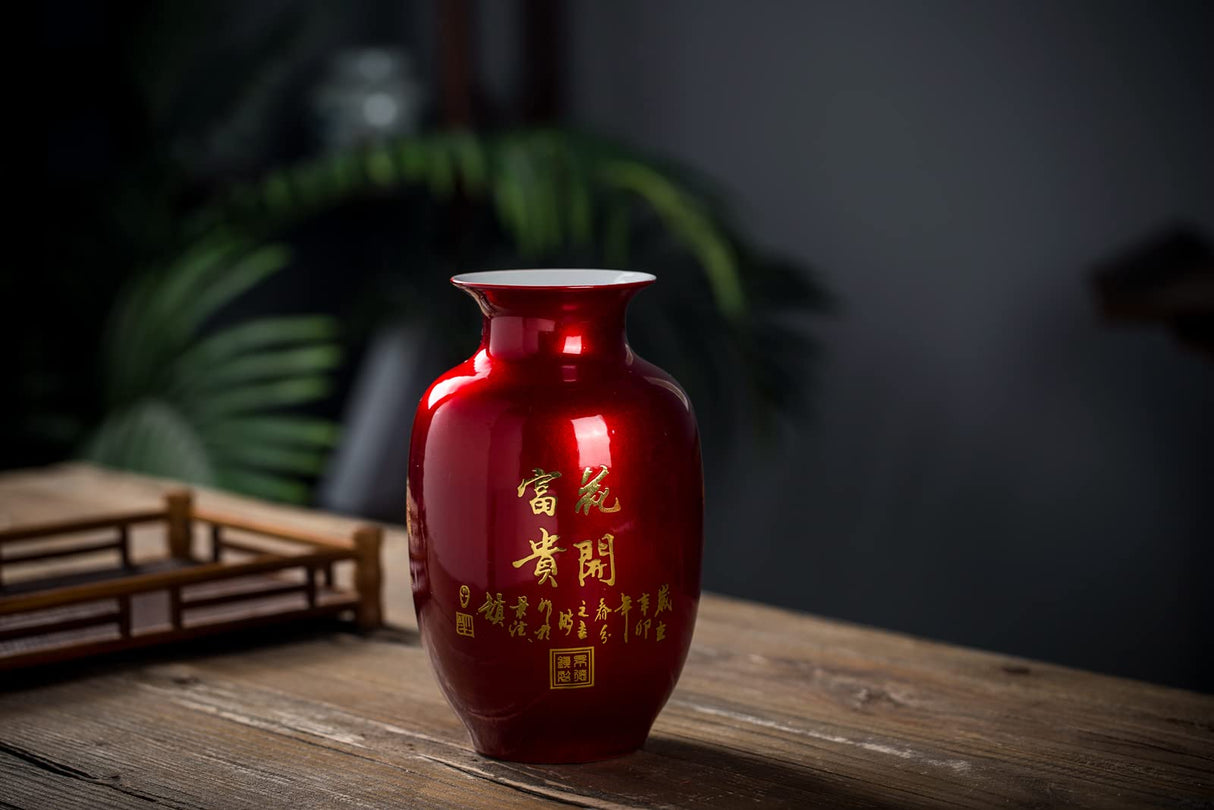 Red Vase Oriental Ceramic Flower Vases Decorated with Peony Design