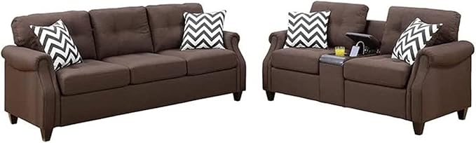 Noa Modern 2 Piece Sofa Loveseat Set, 4 Pillows, USB Ports, Dark, Brown
