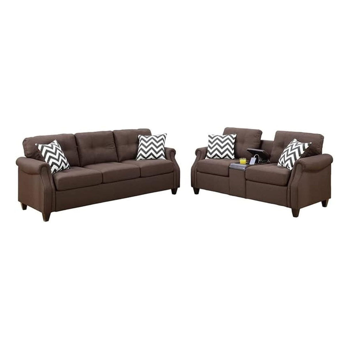 Noa Modern 2 Piece Sofa Loveseat Set, 4 Pillows, USB Ports, Dark, Brown