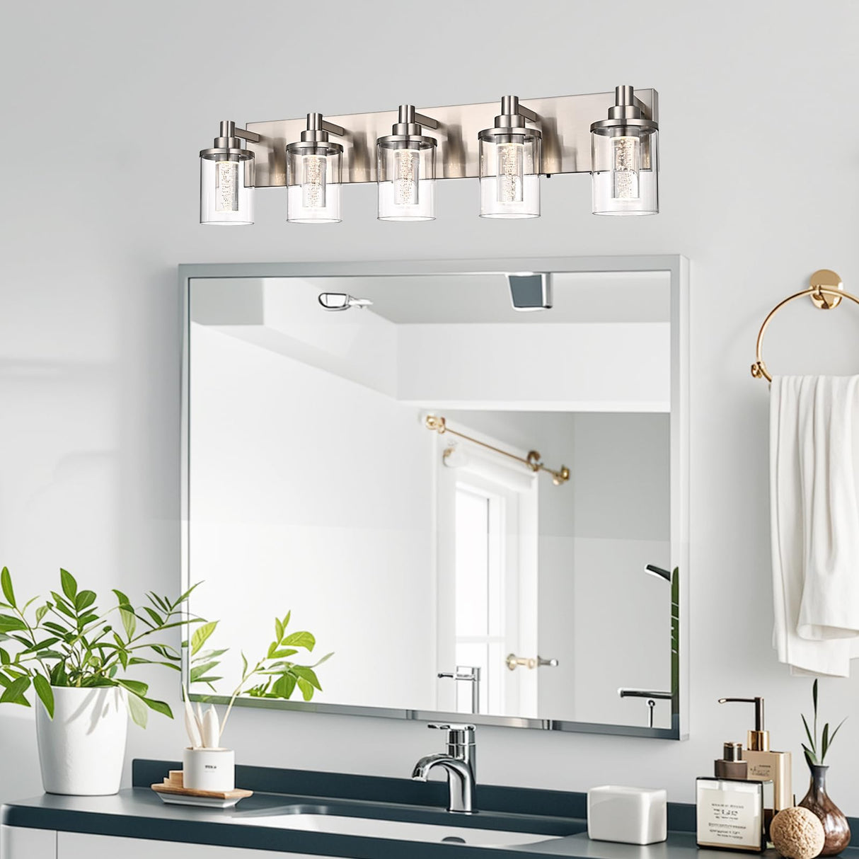 5-Light Bathroom Vanity Light Fixtures,Brushed Nickel LED Modern Bathroom