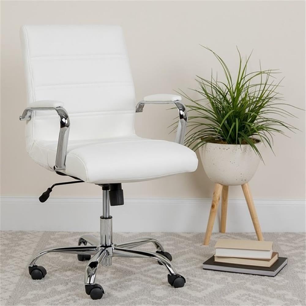 Contemporary Faux Leather Mid Back Swivel Office Chair in White