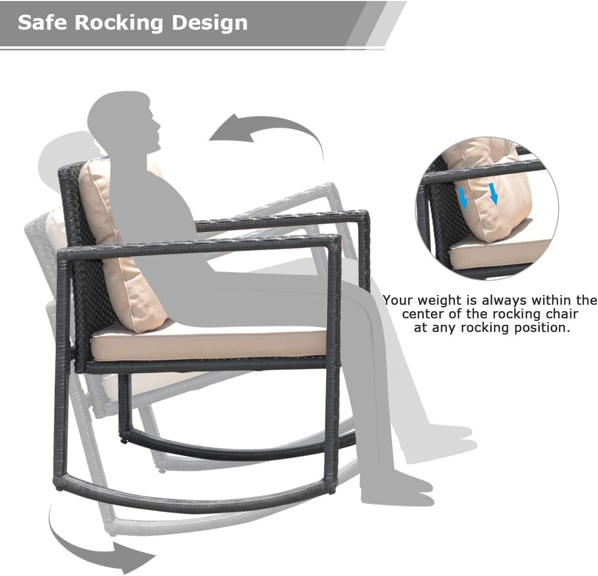 HAPPYGRILL 3-Piece Rocking Bistro Set Outdoor Patio Rocking Chairs with Coffee Table, Rattan Wicker Furniture Conversation Set for Garden Lawn Backyard Balcony