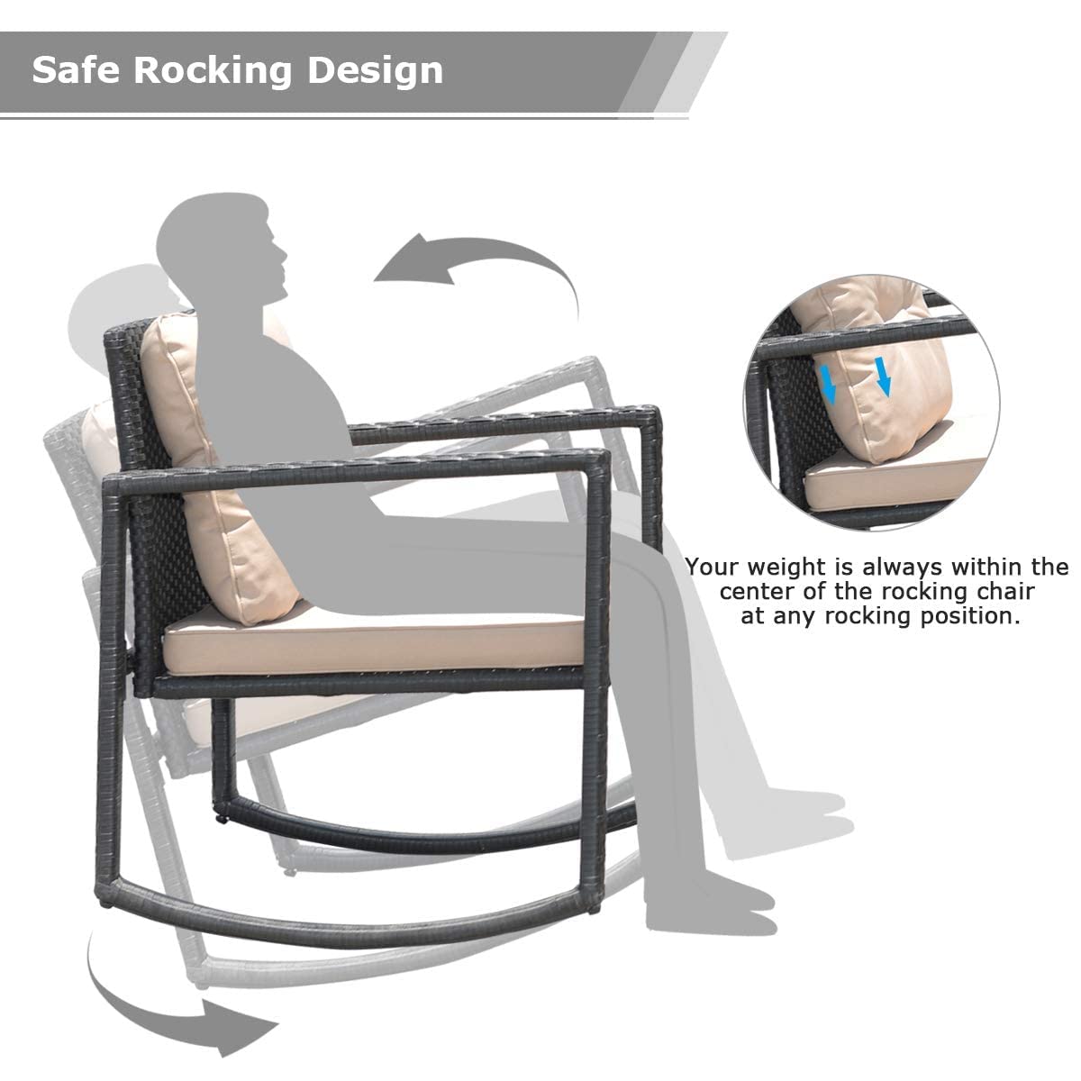 HAPPYGRILL 3-Piece Rocking Bistro Set Outdoor Patio Rocking Chairs with Coffee Table, Rattan Wicker Furniture Conversation Set for Garden Lawn Backyard Balcony