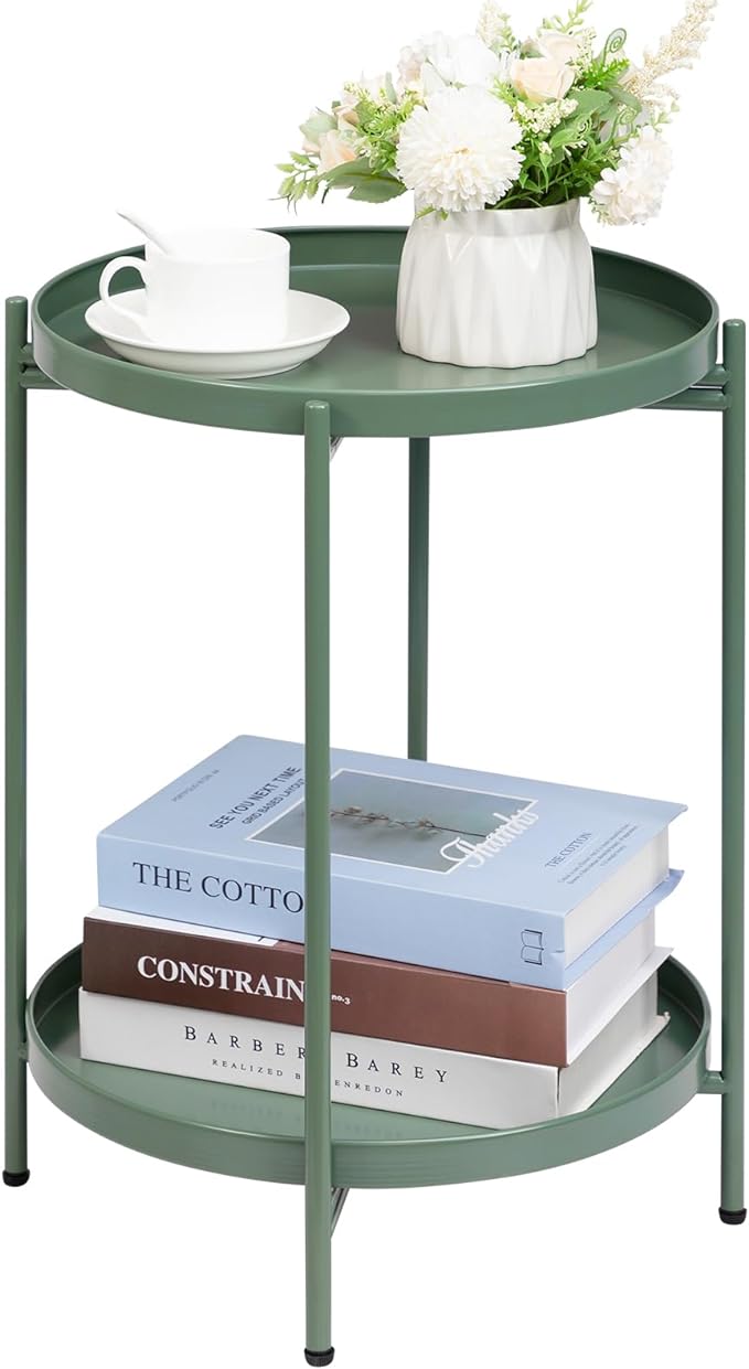 2-Tier Round Side Table, Outdoor Small Folding Accent Stand with Removable Tray