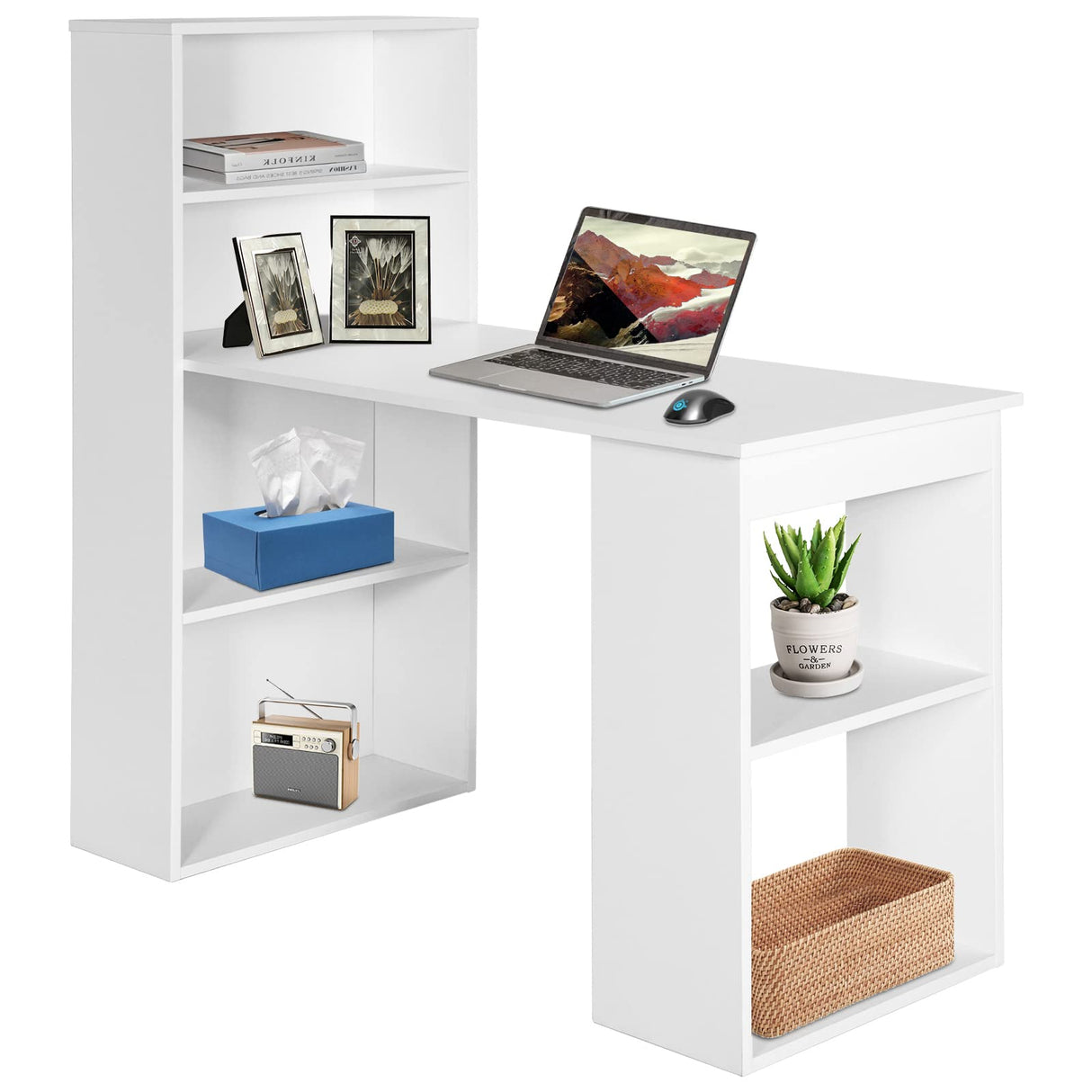 White Computer Desk with Shelves, 48” Study Writing Desk with 6-Tier Storage Shelves,