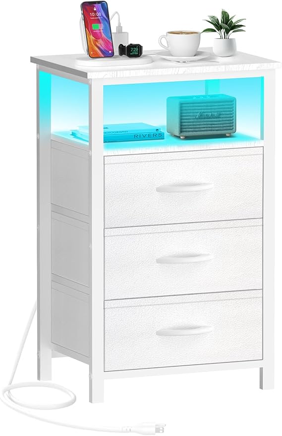 Nightstand with Charging Station, Bedside Table LED Night Stand with USB Ports and Outlets