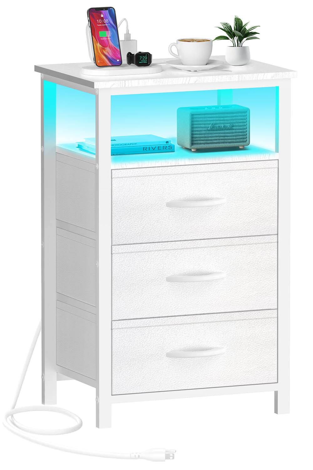 Nightstand with Charging Station, Bedside Table LED Night Stand with USB Ports and Outlets