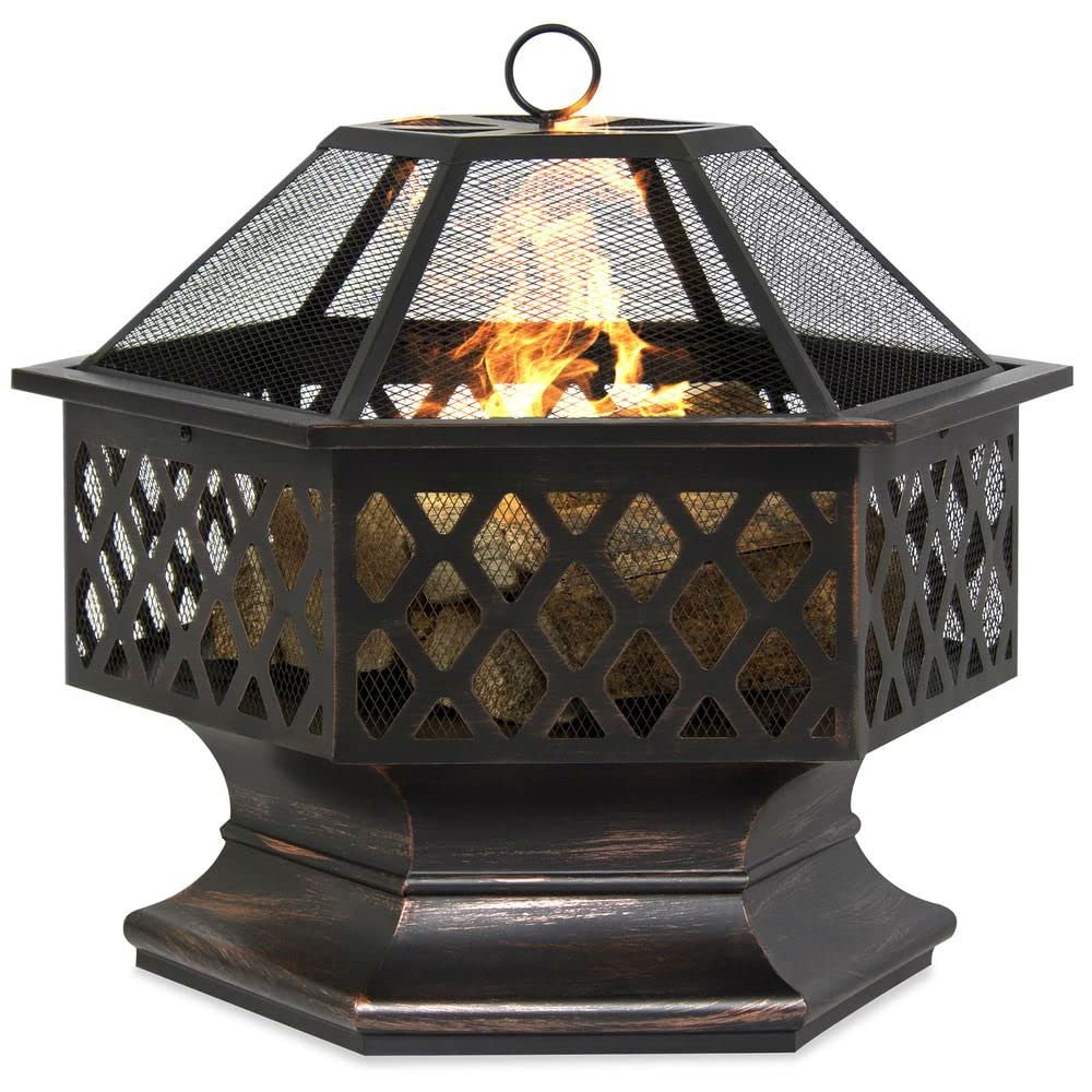 24 Inch Steel Distressed Bronze Lattice Design Fire Pit with Cover