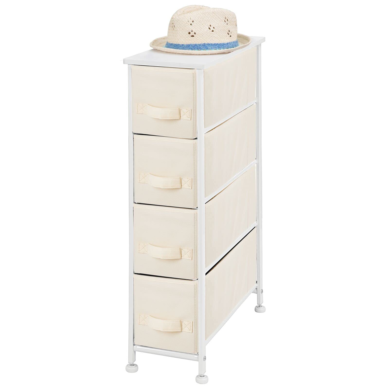 mDesign Narrow Dresser Storage Tower Stand with 4 Removable Fabric Drawers - Steel Frame, Wood Top Organizer for Bedroom, Entryway, Closet - Jane Collection - Cream/White
