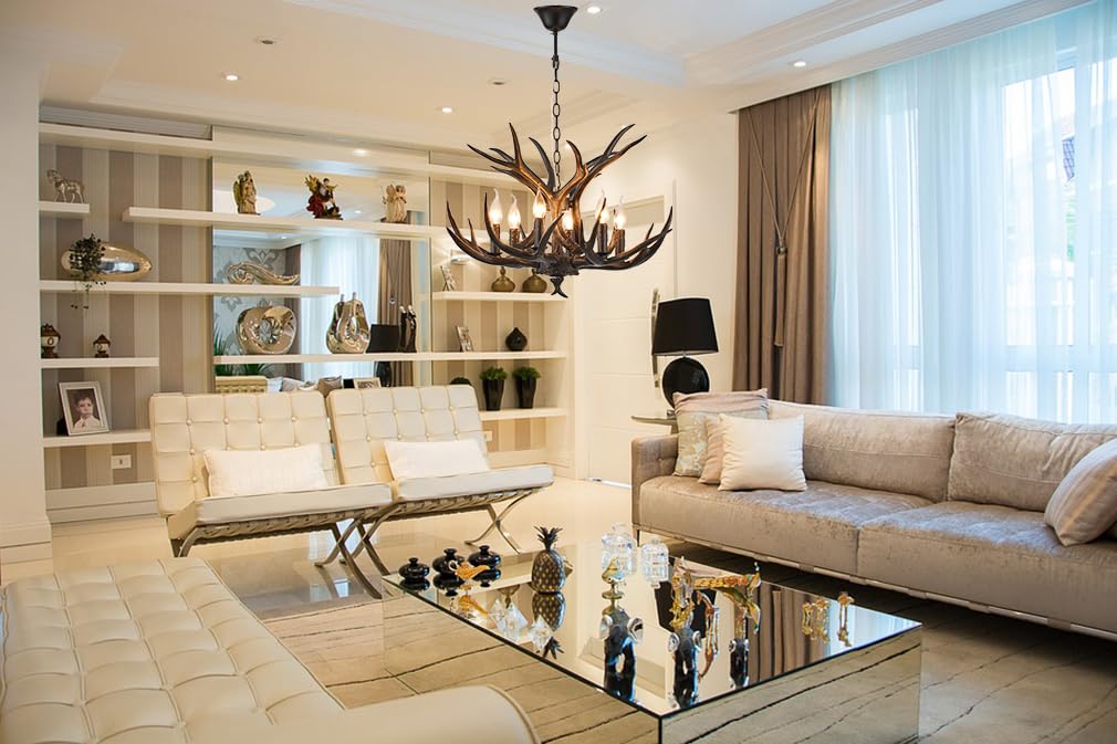 Coffee Brown Resin Antler Chandelier 6-Light Easy Install - Rustic Lodge Ceiling Fixture with E12 Base for Cabin, Living Room & Dining Room Deer Horn Antler Lamp (Coffee Brown)