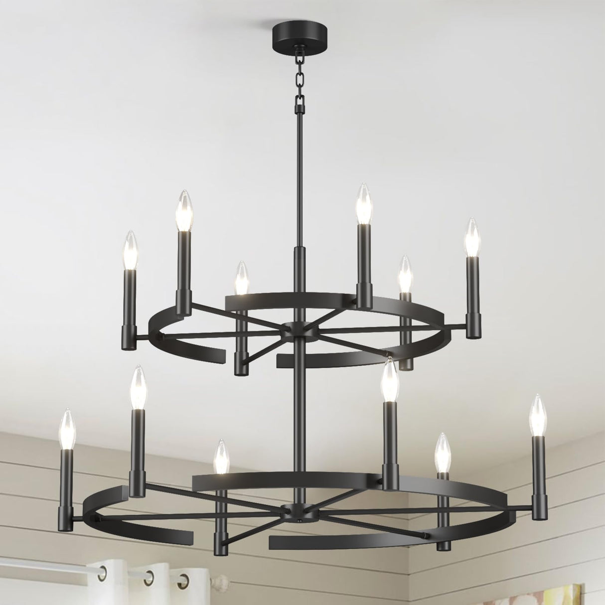 40 Inch Wagon Wheel Chandelier 12 Light, 2 Tier Large Chandeliers