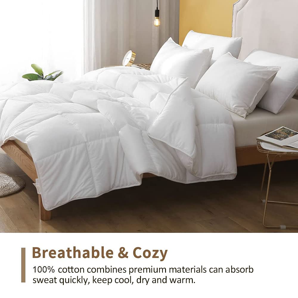 DWR 100% Cotton Fabric Covered Lightweight Down Alternative Comforter Queen, Ultra-Soft Skin-Friendly Cloud Breathable Eucalyptus Microfiber Filled Duvet Insert for Hot Sleeper (88x88, White)