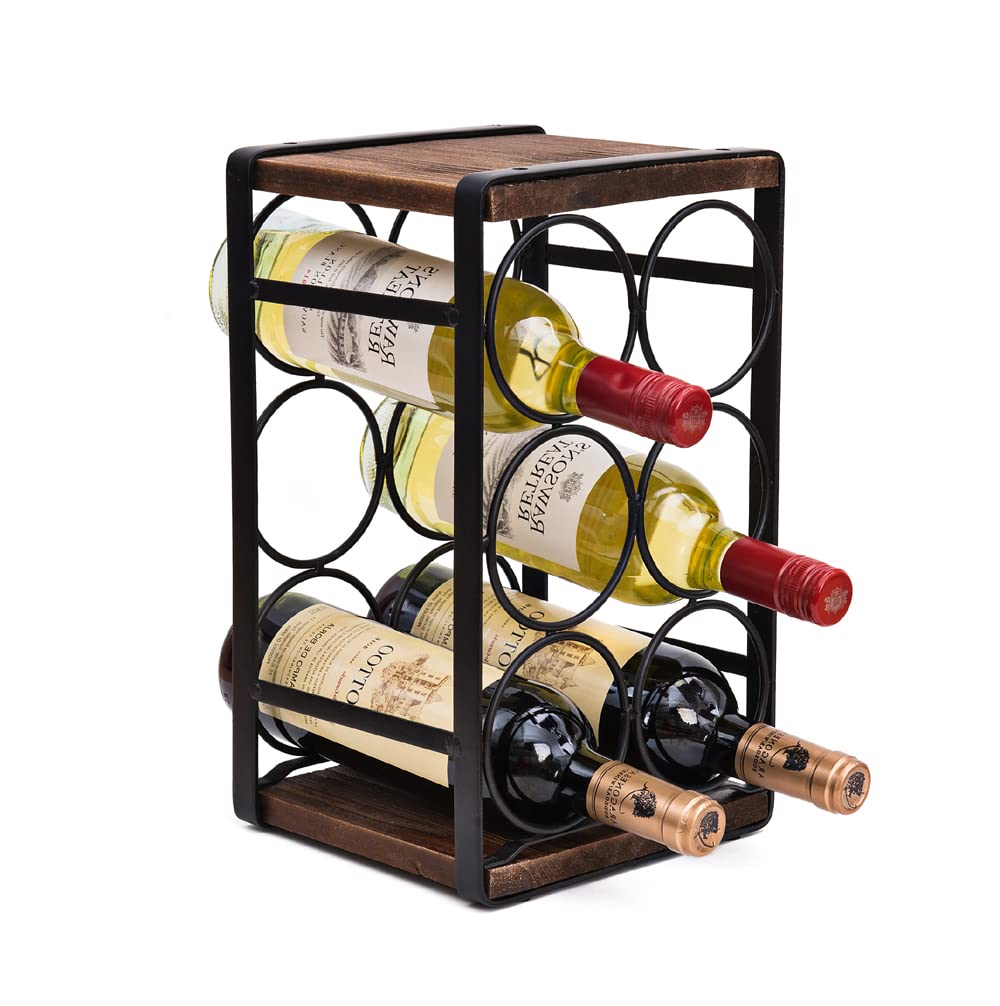 Rustic Wood & Metal Wine Rack – 6 Bottle Countertop Holder