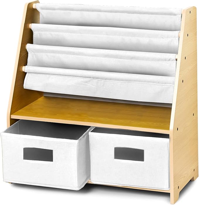 Kids Canvas Sling Bookshelf with Storage – 4 Shelves & 2 Drawers