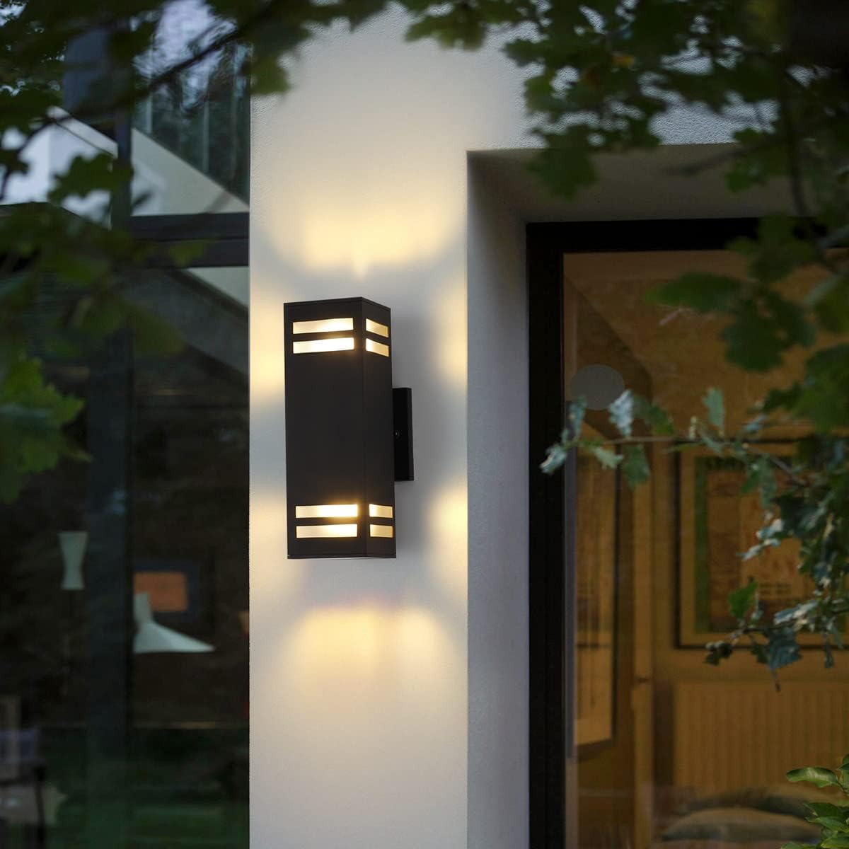 mirrea 12in Modern Outdoor Porch Light Patio Light in 2 Lights with Aluminum Rectangular Tube and Tempered Glass Cover Waterproof Wall Sconce Matte Black 2 Pack