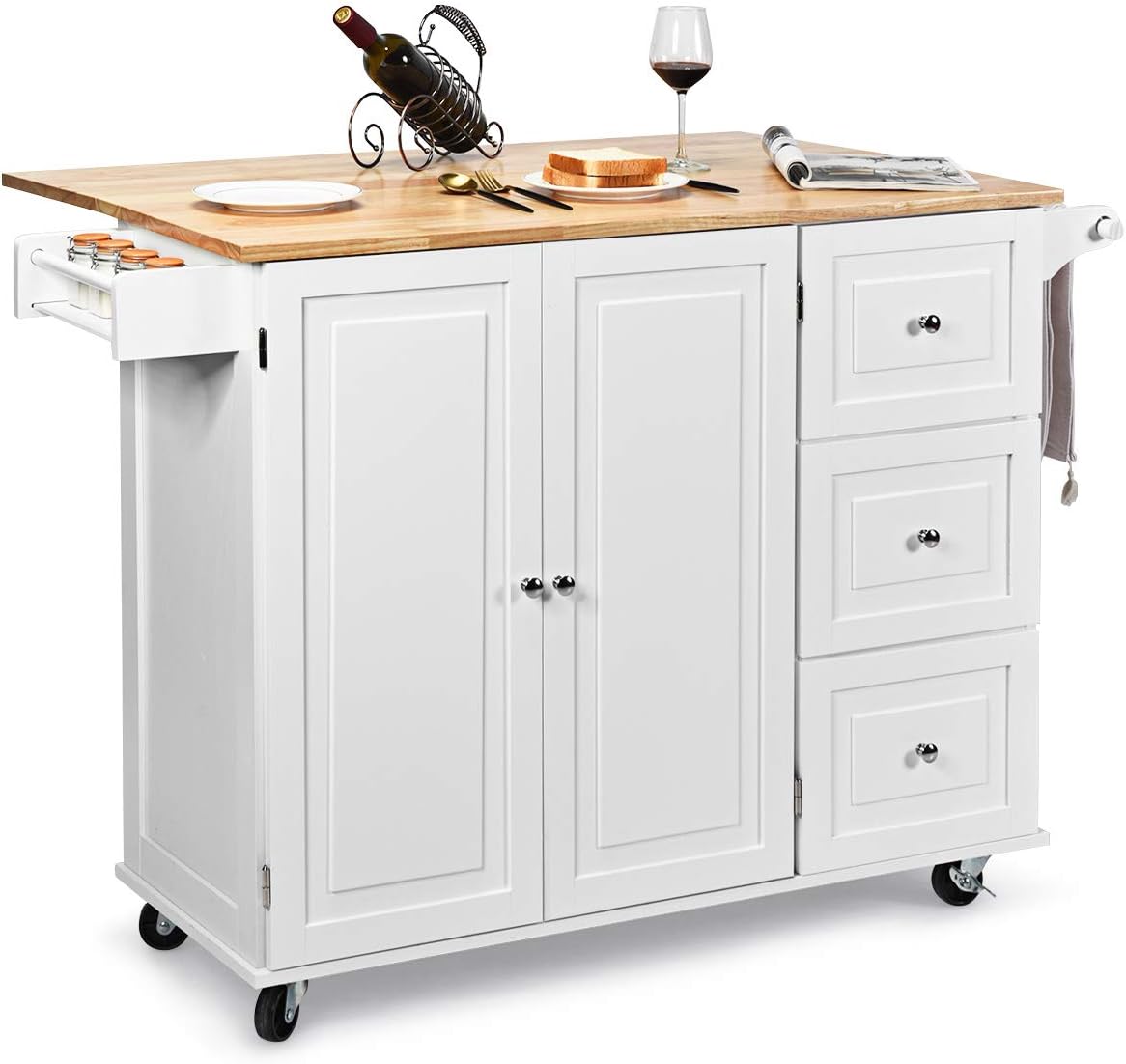 Kitchen Island Cart with Drop-Leaf Tabletop, Large Trolley Cart with Large Cabinet