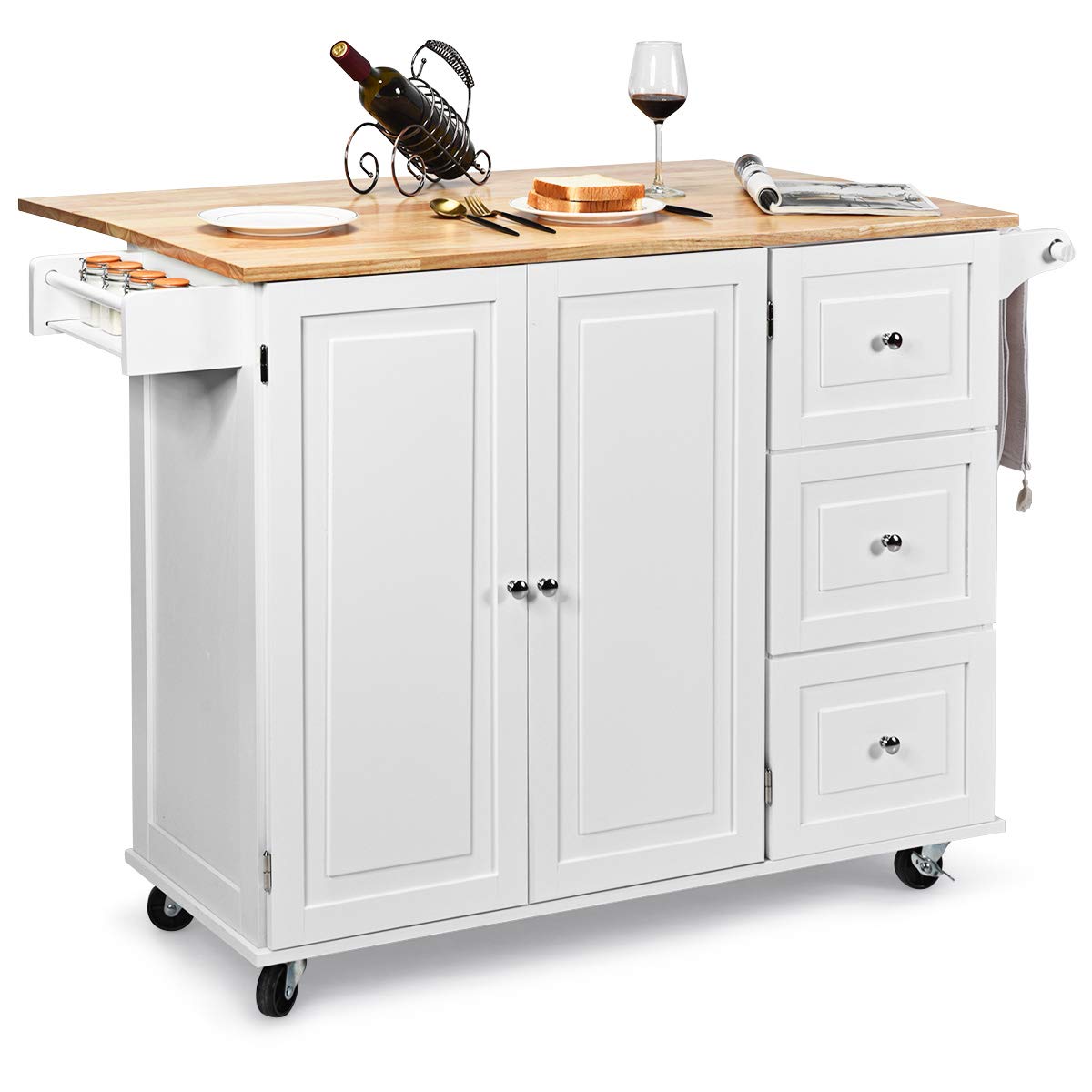 Kitchen Island Cart with Drop-Leaf Tabletop, Large Trolley Cart with Large Cabinet