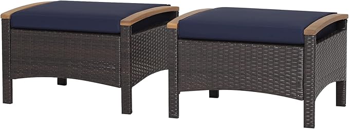 Outdoor Wicker Ottomans for Patio - 2 Pieces PE Rattan Ottoman