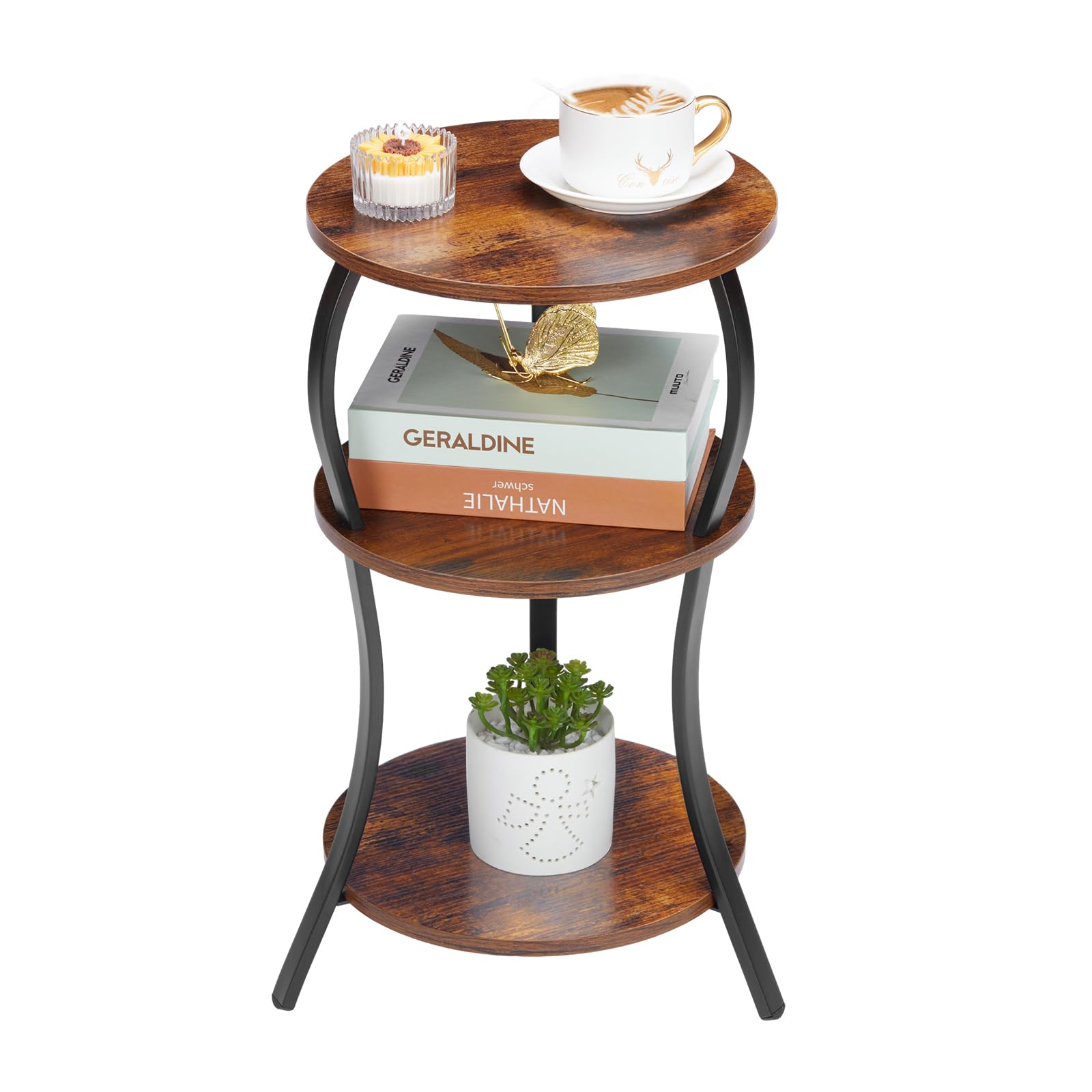 Vintage Round Side Table, 3-Tier Slim Waist End Table with Storage Shelf
