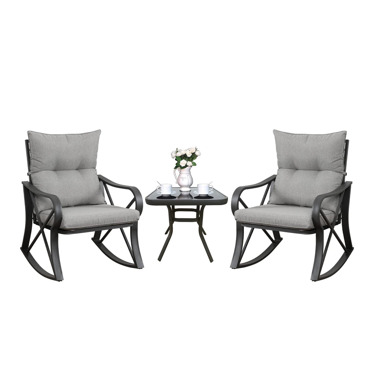 3 Piece Bistro Set Patio Rocking Chairs Outdoor Furniture w Warm Gray Cushions