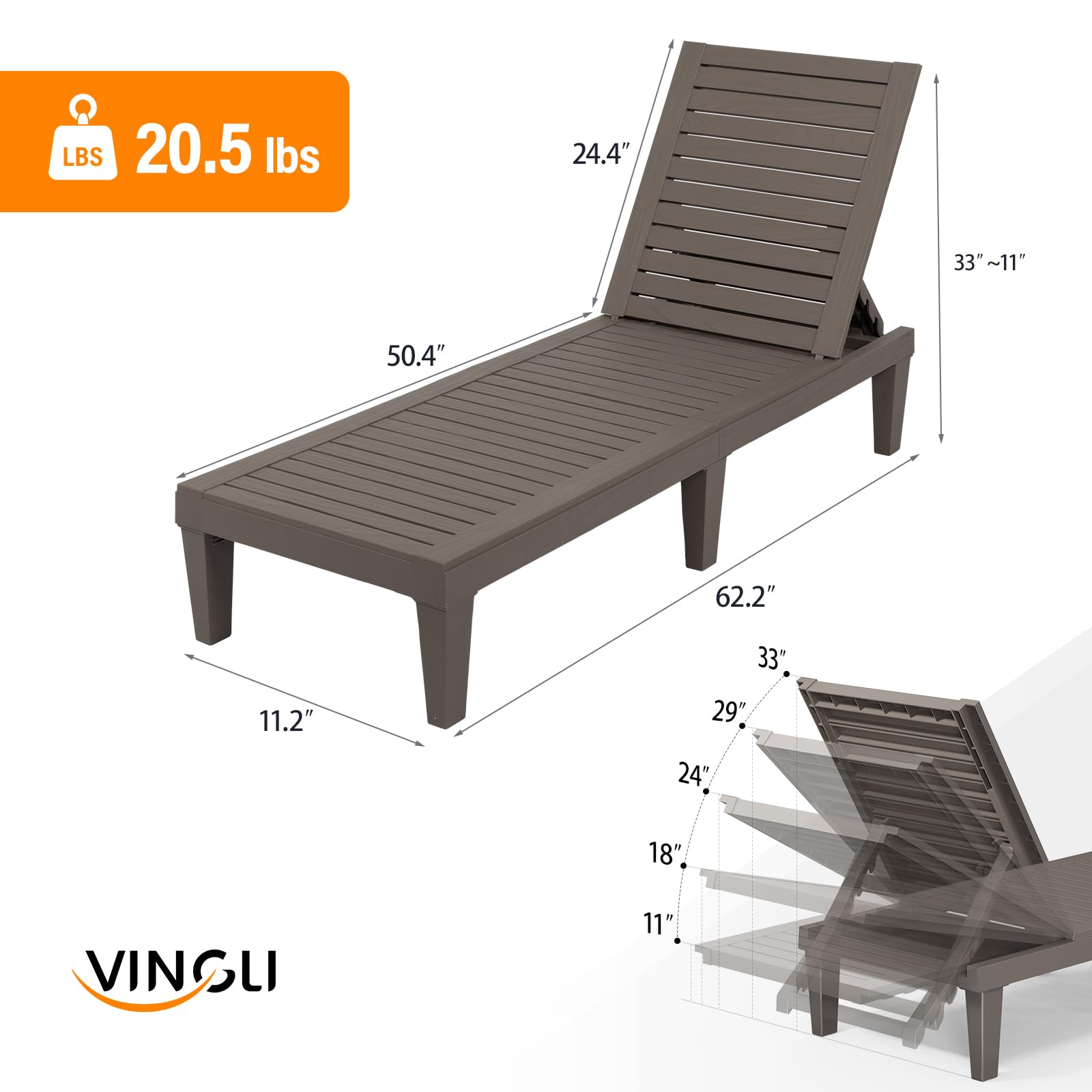 VINGLI Outdoor Chaise Lounge Chair Set of 2, Waterproof Outdoor Lounge Chair with 5-Level Adjustable Backrest, Patio Chaise Lounges for Garden, Pool, Beach Patio Deck Sunbathing (Light Taupe, 2 PCS)
