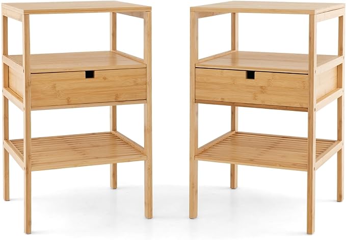 Bamboo Nightstand, Wood Side Table with Drawer and 2 Storage Shelves, Multifunctional