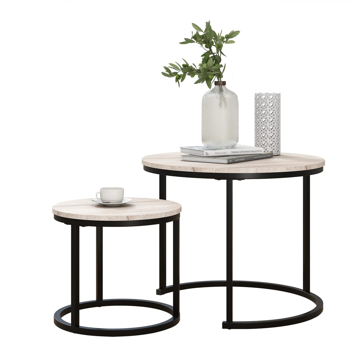 Industrial Round Coffee Table Set of 2 for Living Room,Rustic Small Wood Coffee Table