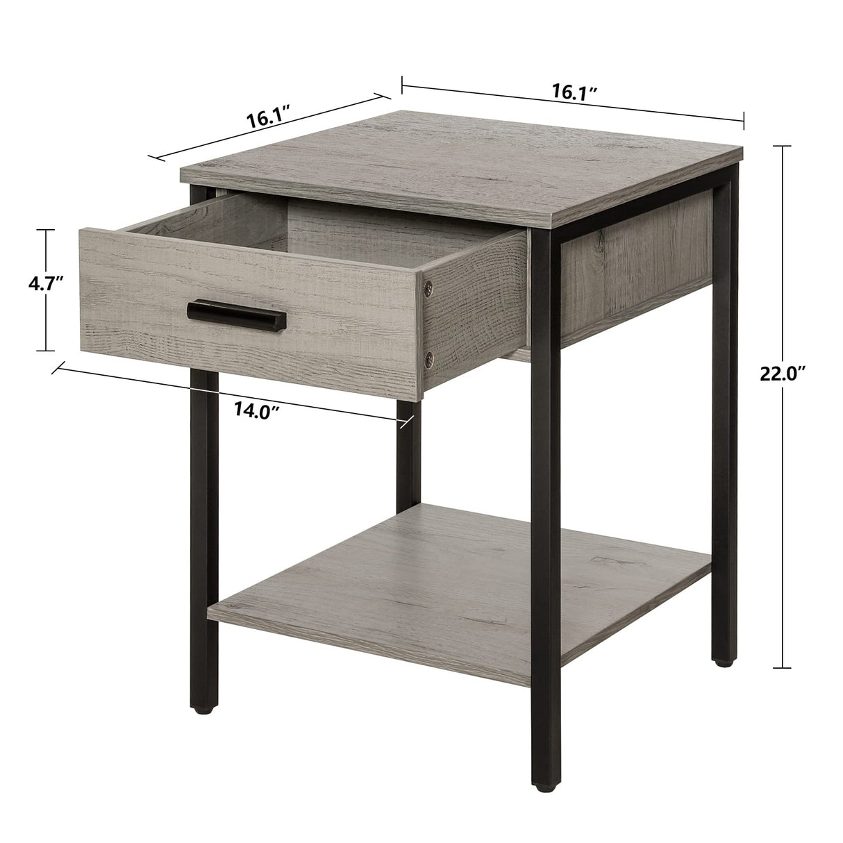 Gray Nightstand with Wood Drawer, Side Table with Storage Shelf, Bedroom