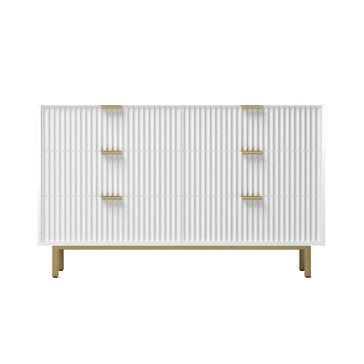 Beth 56 Inch 6 Drawer Dresser, Corrugated Panels, Mahogany Wood, White and Gold