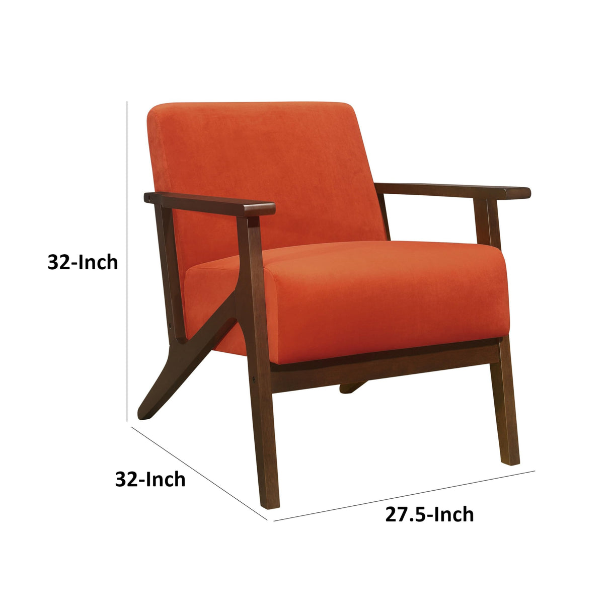 32 Inch Accent Armchair, Soft Velvet, Walnut Solid Wood, Orange and Brown