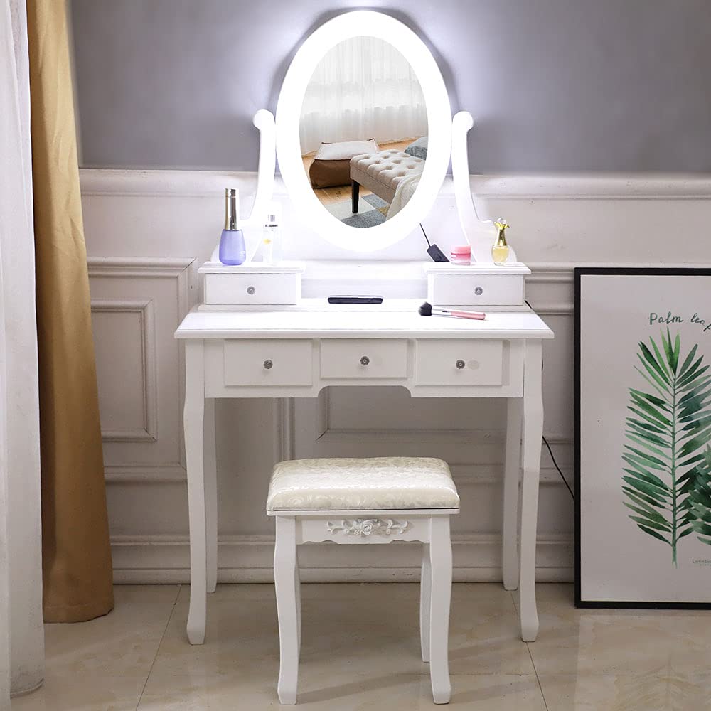Light Bulb Single Mirror 5 Drawer Dressing Table White,Vanity Table with Mirrors,Makeup