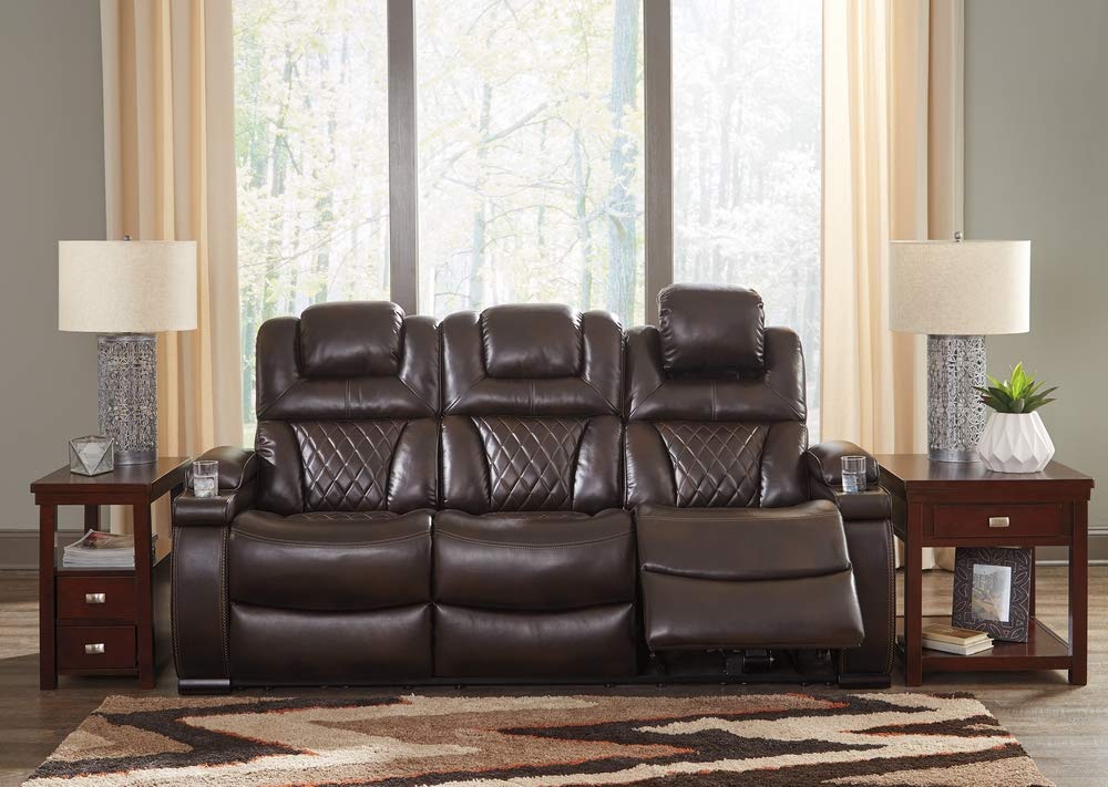 Warnerton Faux Leather Power Reclining Sofa with Adjustable Headrest, Brown