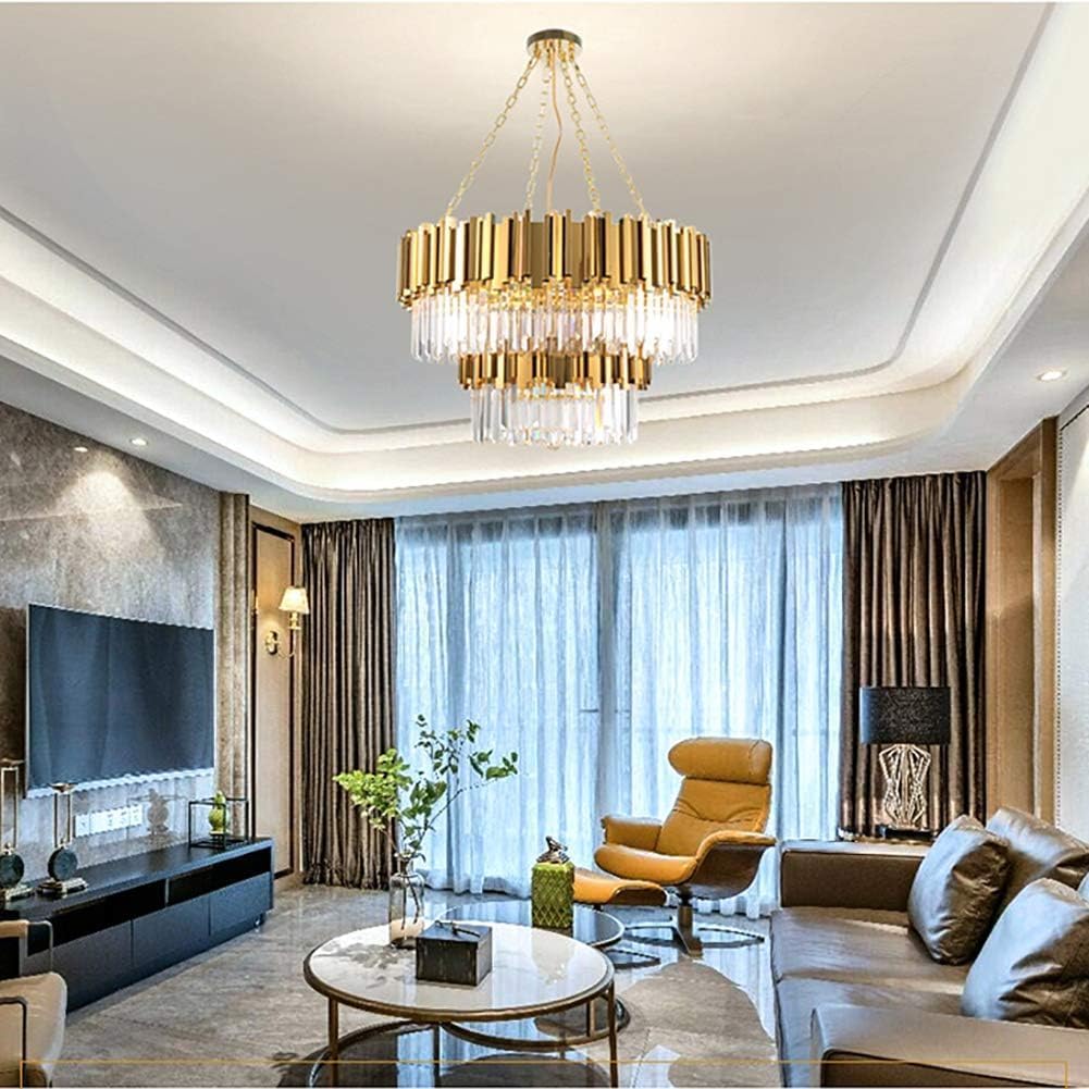 Gold Double Round Crystal Chandelier, Adjustable Golden Ceiling Light 13 Lights Modern