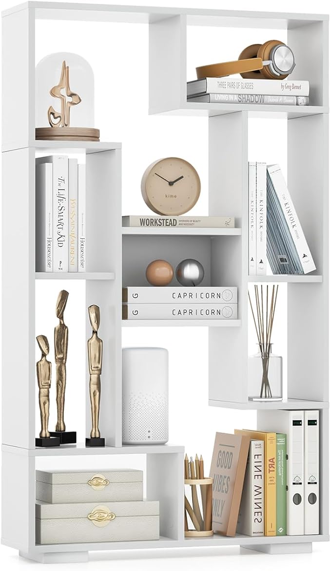 47-Inch Bookshelf, Modern Wooden Geometric Bookcase with Open Shelves, Anti-Tipping Kits, Wood Book Case Shelf, Open Cube Storage Organizer Display Rack for Living Room