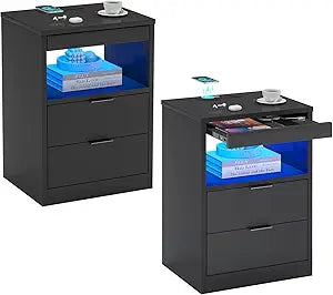 ED Nightstand White Nightstand with Wireless Charging Station 2 Drawers