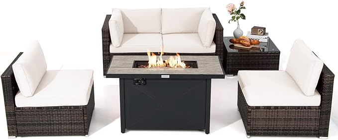 6 Pieces PE Rattan Wicker Sectional Sofa with 42" 60,000 BTU Gas Fire Pit Table