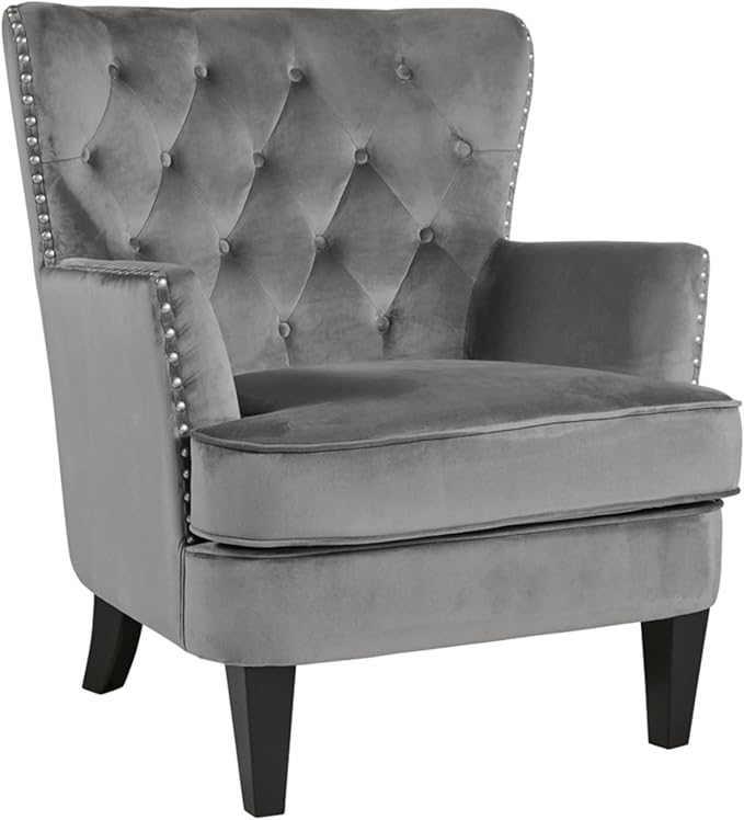 Romansque Button Tufted Accent Chair with Nailhead Trim, Beige