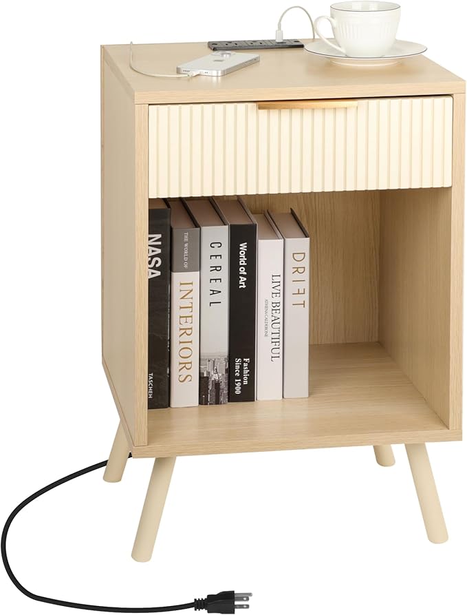 Night Stands with Charging Station,Side Tables Bedroom with Drawers and Storage