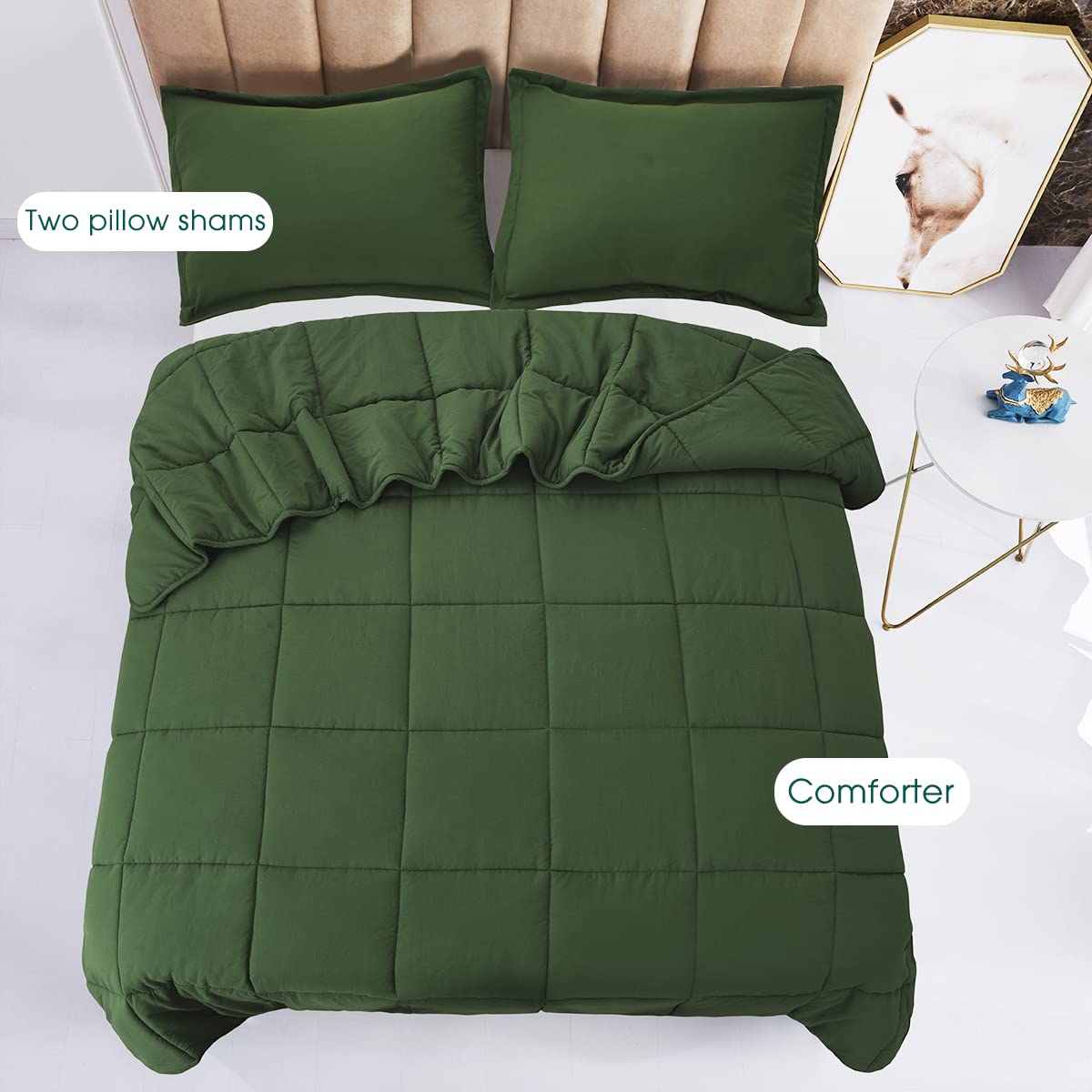 3pc Prewashed Green Queen Size Comforter Duvet Insert - All Season Quilted Down Alternative Comforter