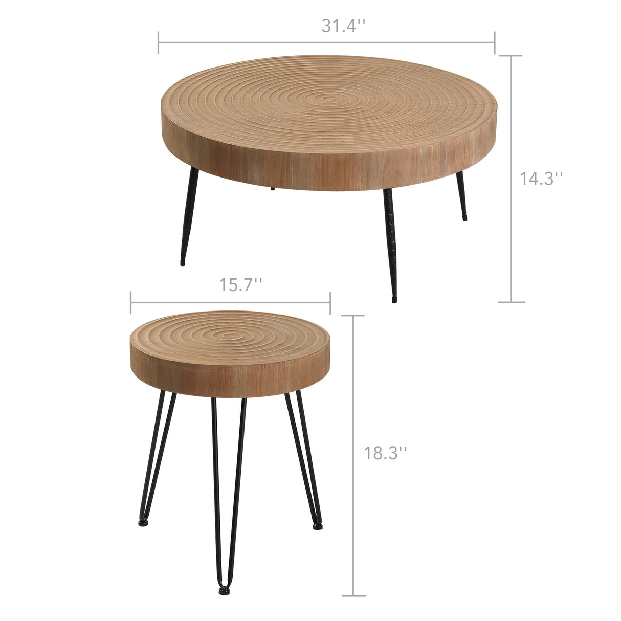 Farmhouse Round Coffee Table Set of 2, Cocktail Table Set, Modern Circle Natural Wood