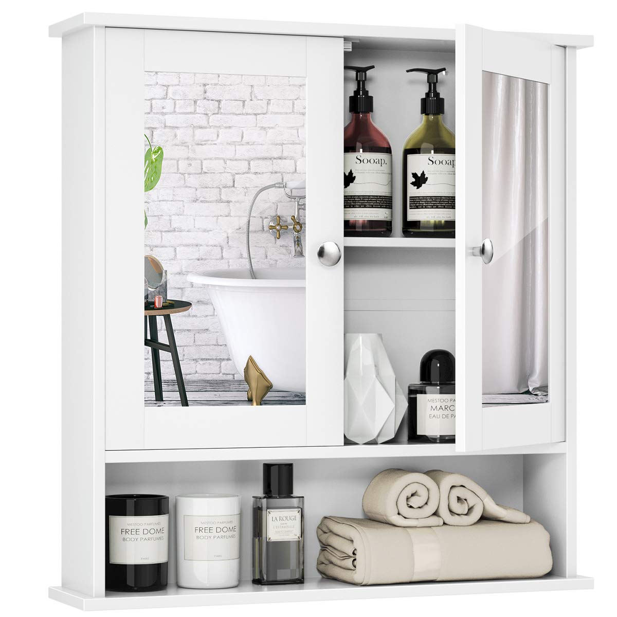Bathroom Cabinet, Wall Mount Storage Cabinet with Double Mirror Doors