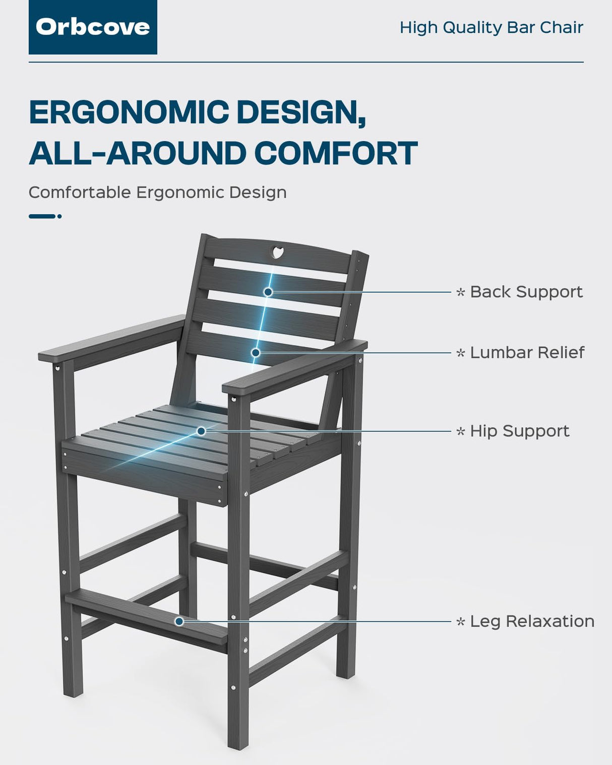 Orbcove 3-Piece Bar Height Patio Table and Chairs Set, HDPE Wood Grain Outdoor Bar Table and Chairs with Heart Cutout Design, Weather-Resistant Bar Height Furniture for Deck, Porch, Pool (Grey)