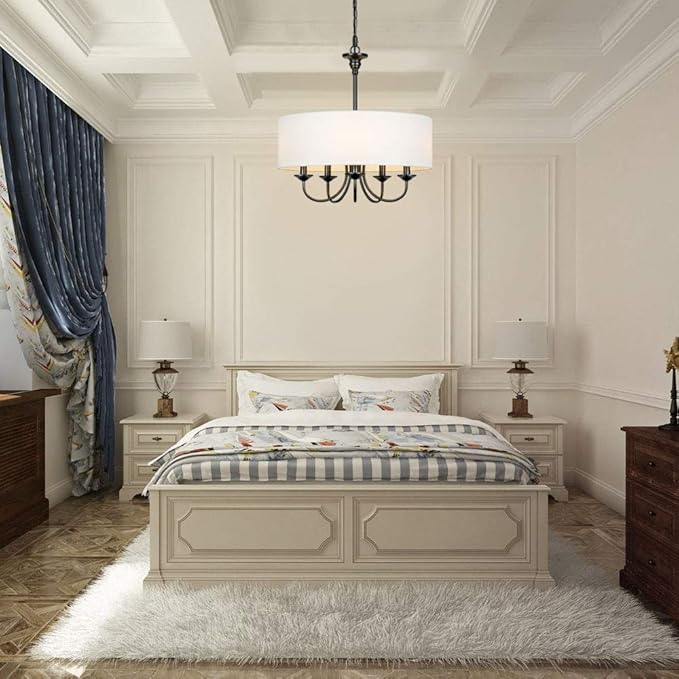 5-Light Traditional Chandelier with White Linen Drum Shade, Drum Chandelier