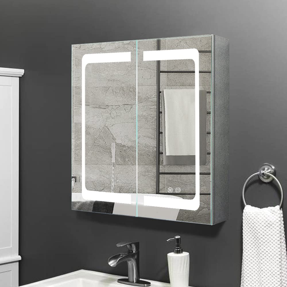 24 Inch X 28 Inch Illuminated Led Mirror Cabinet for Bathroom Stainless Steel Wall Mounted Medicine Cabinet