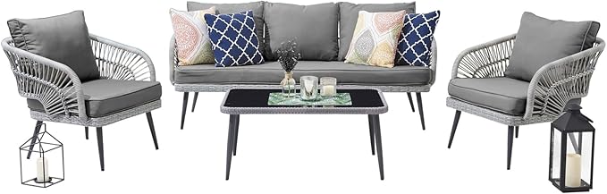 Riviera 4-Piece 5 Seater Patio Conversation Set with Cushions, Cream