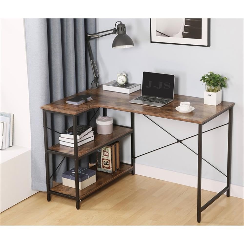 JJS L-Shaped Home Office Corner Writing Computer Desk with Build-in Bookcase, Wood Metal Modern Study Laptop Table Workstation with Storage Shelves for Small Space, Antony Rustic Brown