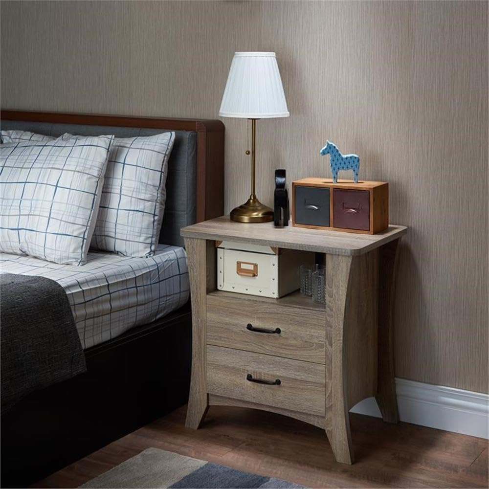 Wooden 2-Drawer Nightstand with Open Shelf in Rustic Natural